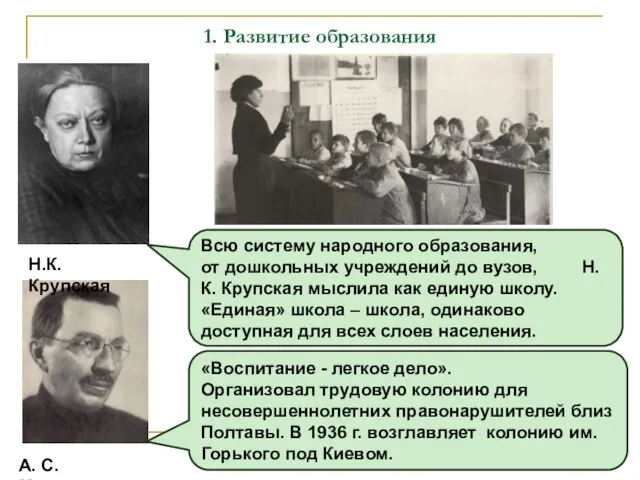 Всю систему народного образования, от дошкольных учреждений до вузов, Н.К. Крупская