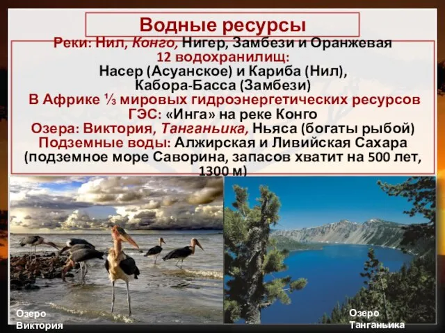 Водные ресурсы Реки: Нил, Конго, Нигер, Замбези и Оранжевая 12 водохранилищ: