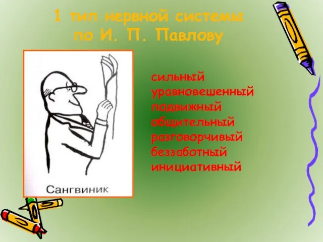 1 тип нервной системы по И. П. Павлову сильный уравновешенный подвижный общительный разговорчивый беззаботный инициативный