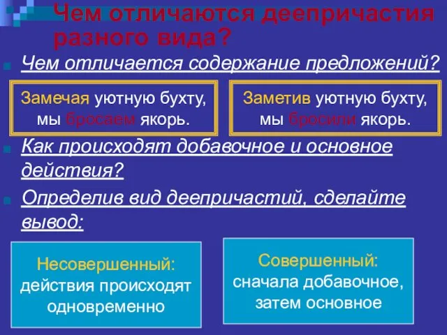 Чем отличаются деепричастия разного вида? Чем отличается содержание предложений? Как происходят