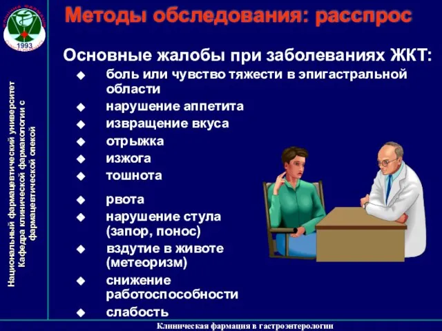 Клиническая фармация в гастроэнтерологии Методы обследования: расспрос Основные жалобы при заболеваниях