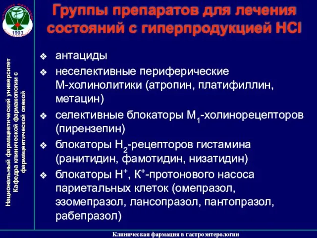 Клиническая фармация в гастроэнтерологии Группы препаратов для лечения состояний с гиперпродукцией