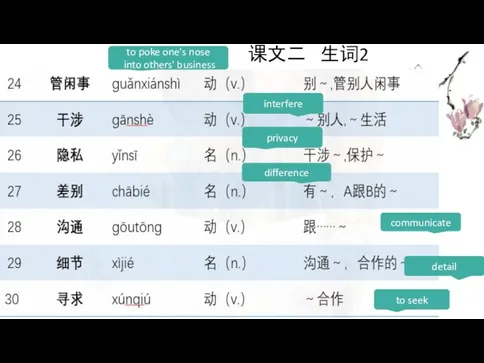 课文二 生词2 to poke one's nose into others' business difference interfere privacy communicate detail to seek
