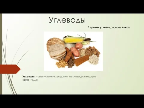 Углеводы Углеводы – это источник энергии, топливо для нашего организма. 1 грамм углеводов дает 4ккал