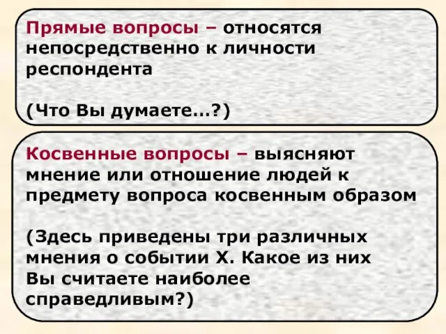 Прямые вопросы – относятся непосредственно к личности респондента (Что Вы думаете…?)