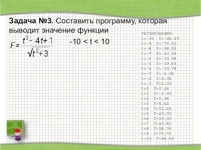 Задача №3. Составить программу, которая выводит значение функции -10 ТЕСТИРОВАНИЕ: t=-10