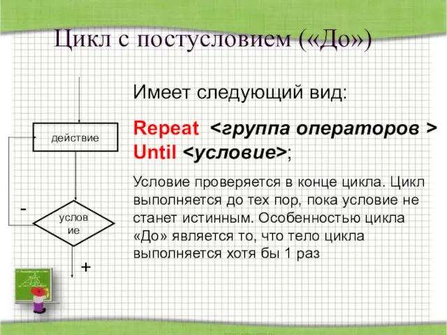 Цикл с постусловием («До») Имеет следующий вид: Repeat Until ; Условие