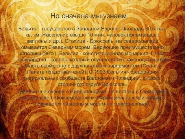 Но сначала мы узнаем. Бельгия - государство в Западной Европе. Площадь