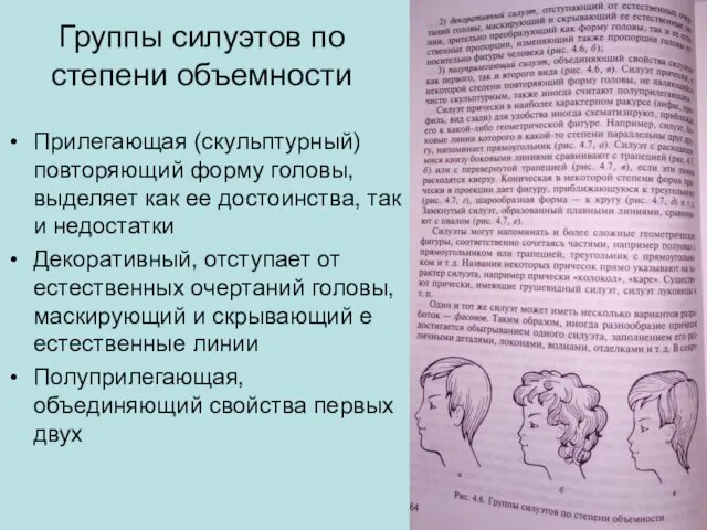 Группы силуэтов по степени объемности Прилегающая (скульптурный) повторяющий форму головы, выделяет