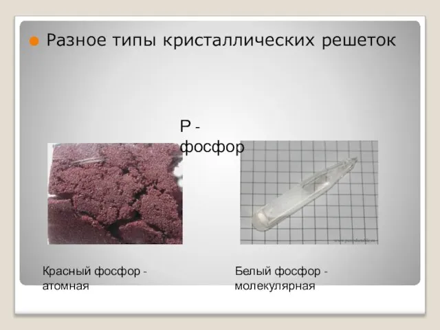 Разное типы кристаллических решеток Р - фосфор Красный фосфор - атомная Белый фосфор - молекулярная