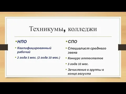 Техникумы, колледжи НПО Квалифицированный рабочий 2 года 5 мес. (2 года