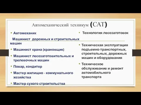 Автомеханический техникум (САТ) Автомеханик Машинист дорожных и строительных машин Машинист крана