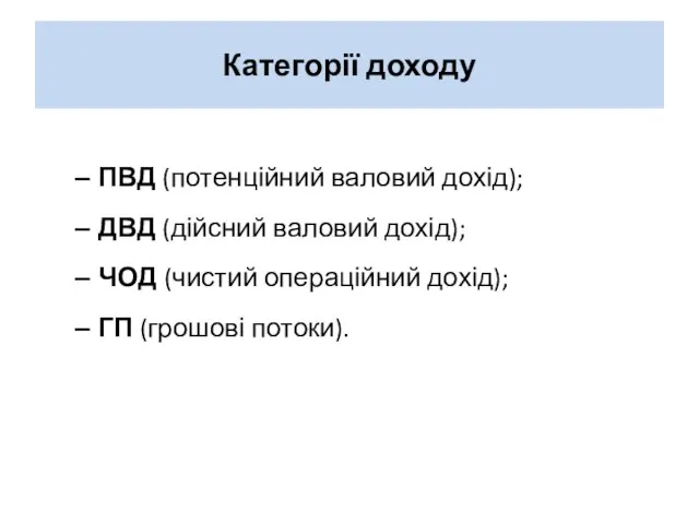 Категорії доходу ПВД (потенційний валовий дохід); ДВД (дійсний валовий дохід); ЧОД