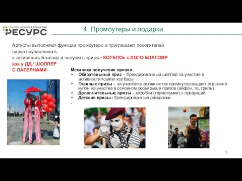 4. Промоутеры и подарки Артисты выполняют функции промоутеро и приглашают посетителей