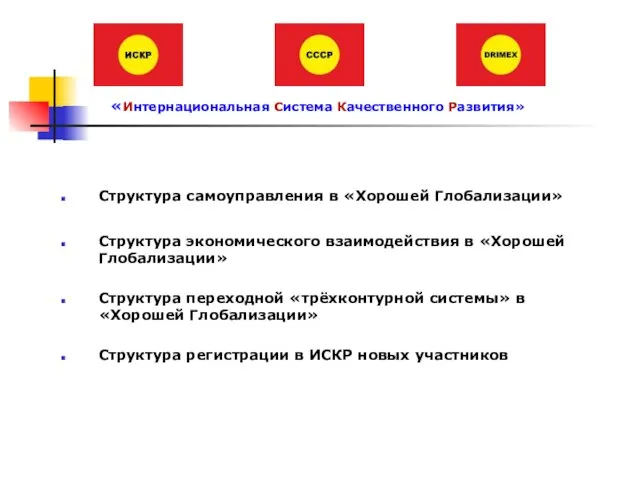 Структура самоуправления в «Хорошей Глобализации» Структура экономического взаимодействия в «Хорошей Глобализации»