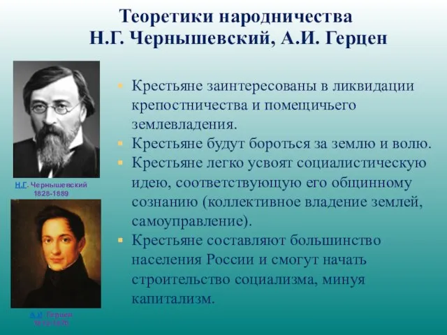 Теоретики народничества Н.Г. Чернышевский, А.И. Герцен Крестьяне заинтересованы в ликвидации крепостничества