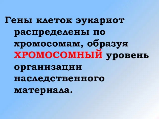 Гены клеток эукариот распределены по хромосомам, образуя ХРОМОСОМНЫЙ уровень организации наследственного материала.