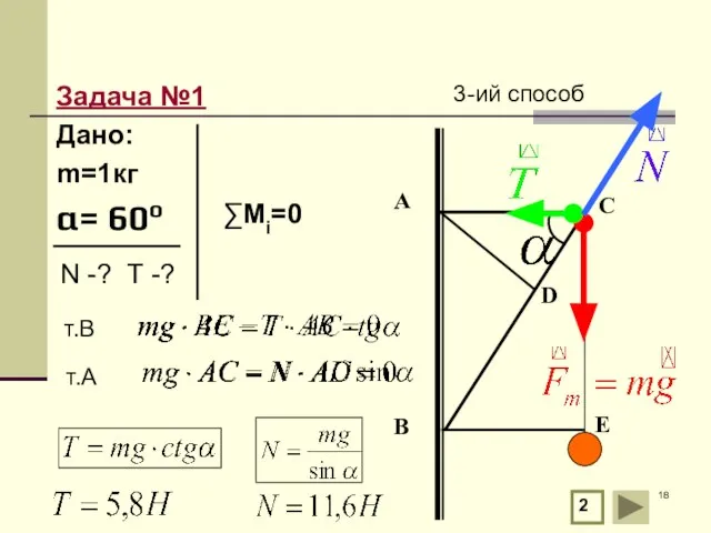 Задача №1 Дано: m=1кг α= 60о 2 А В С т.В