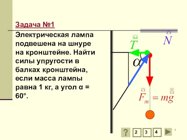 Задача №1 Электрическая лампа подвешена на шнуре на кронштейне. Найти силы