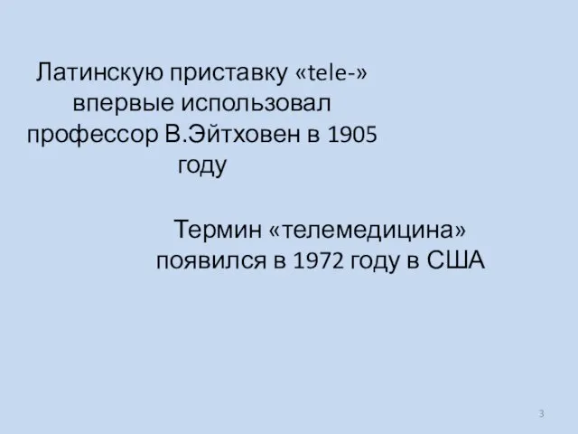 Латинскую приставку «tele-» впервые использовал профессор В.Эйтховен в 1905 году Термин