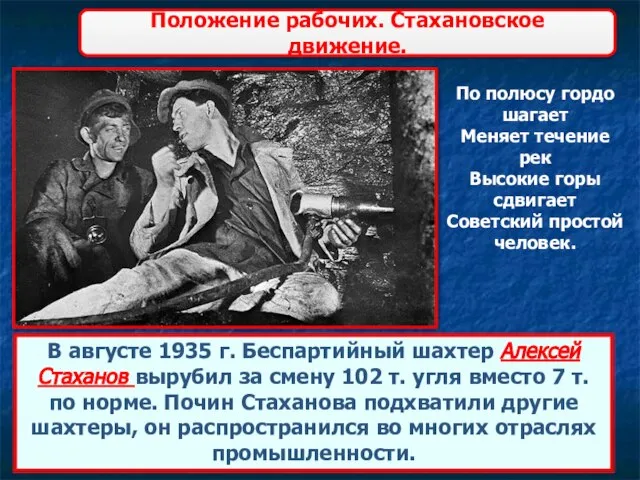 Положение рабочих. Стахановское движение. В августе 1935 г. Беспартийный шахтер Алексей