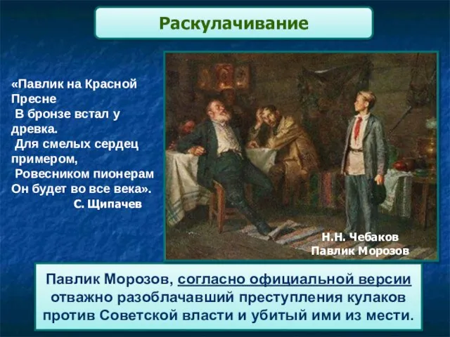 Павлик Морозов, согласно официальной версии отважно разоблачавший преступления кулаков против Советской