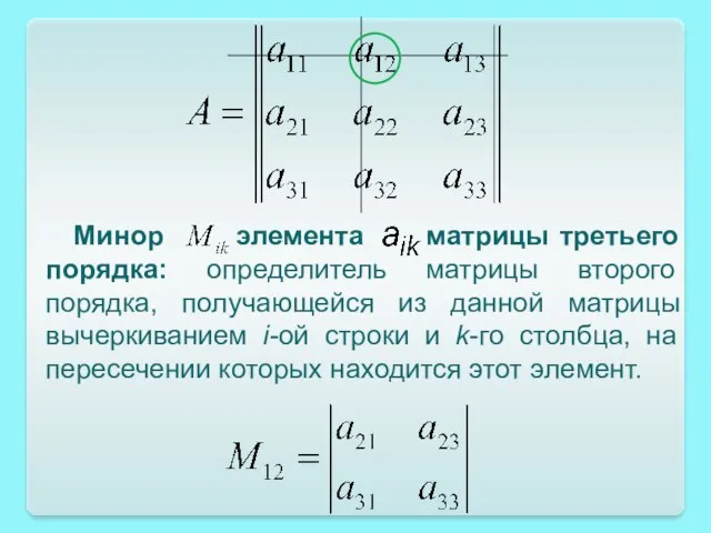 Минор элемента матрицы третьего порядка: определитель матрицы второго порядка, получающейся из