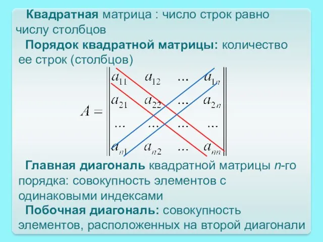 Главная диагональ квадратной матрицы n-го порядка: совокупность элементов с одинаковыми индексами