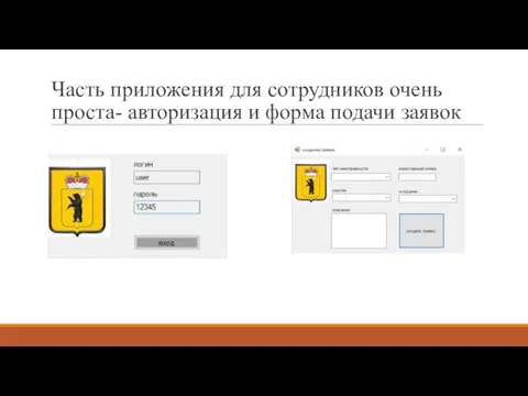 Часть приложения для сотрудников очень проста- авторизация и форма подачи заявок