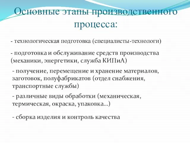 Основные этапы производственного процесса: - технологическая подготовка (специалисты-технологи) - подготовка и