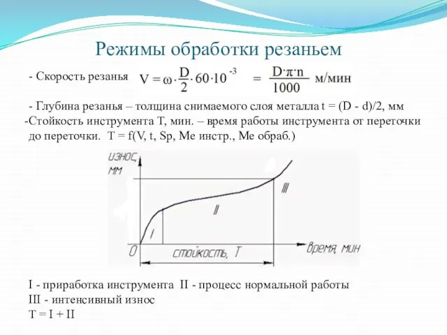 Режимы обработки резаньем - Скорость резанья - Глубина резанья – толщина