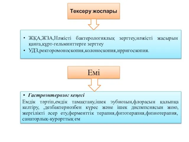 Тексеру жоспары ЖҚА,ЖЗА,Нәжісті бактерологиялық зерттеу,нәжісті жасырын қанға,құрт-гельминттерге зерттеу УДЗ,ректоромоноскопия,колоноскопия,ирригоскопия. Емі Гастроэнтеролог