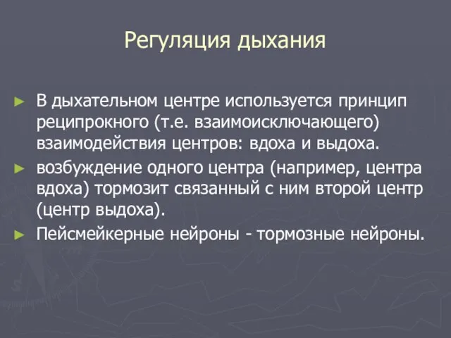 Регуляция дыхания В дыхательном центре используется принцип реципрокного (т.е. взаимоисключающего) взаимодействия