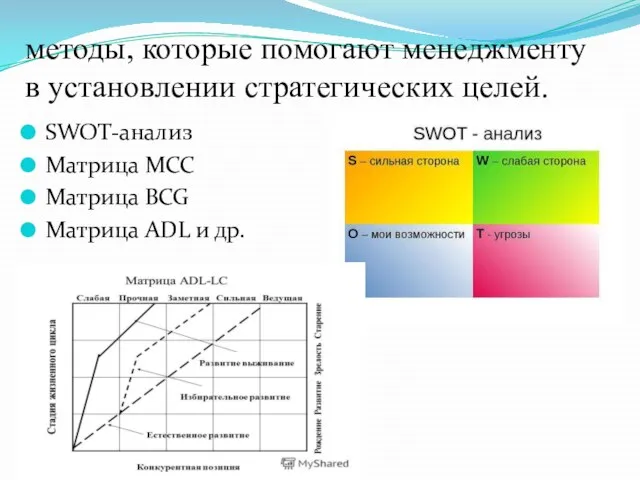 методы, которые помогают менеджменту в установлении стратегических целей. SWOT-анализ Матрица MCC