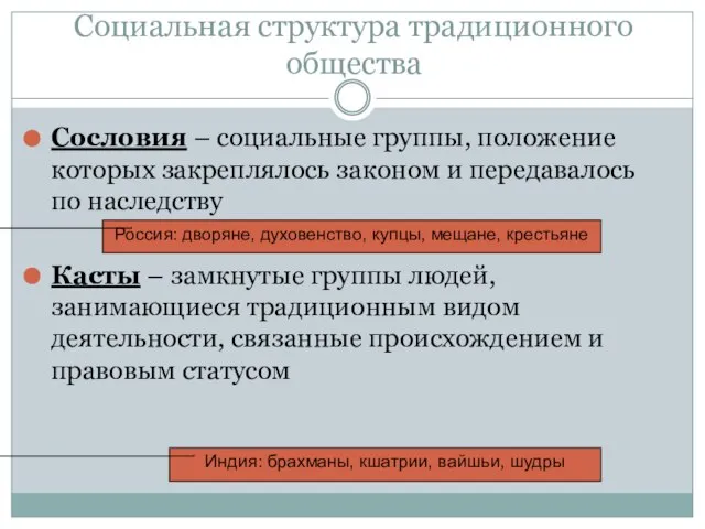 Социальная структура традиционного общества Сословия – социальные группы, положение которых закреплялось