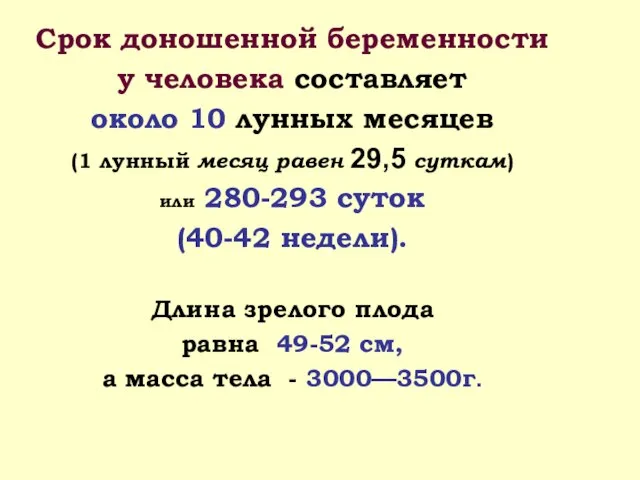 Срок доношенной беременности у человека составляет около 10 лунных месяцев (1