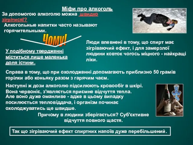 Міфи про алкоголь За допомогою алкоголю можна швидко зігрітися!? Алкогольные напитки