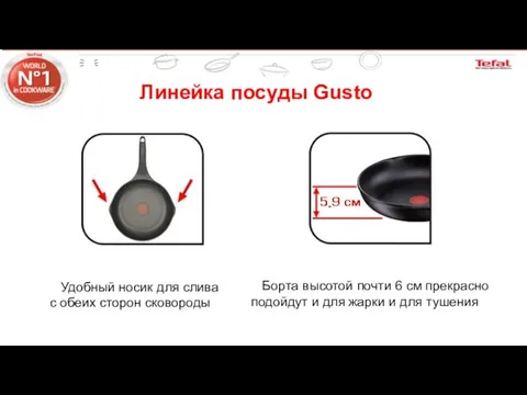 Линейка посуды Gusto Удобный носик для слива с обеих сторон сковороды