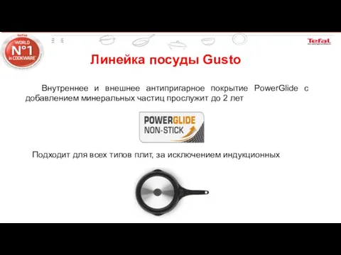 Линейка посуды Gusto Внутреннее и внешнее антипригарное покрытие PowerGlide с добавлением