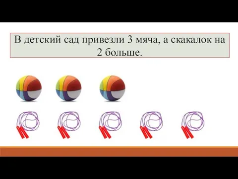 В детский сад привезли 3 мяча, а скакалок на 2 больше.