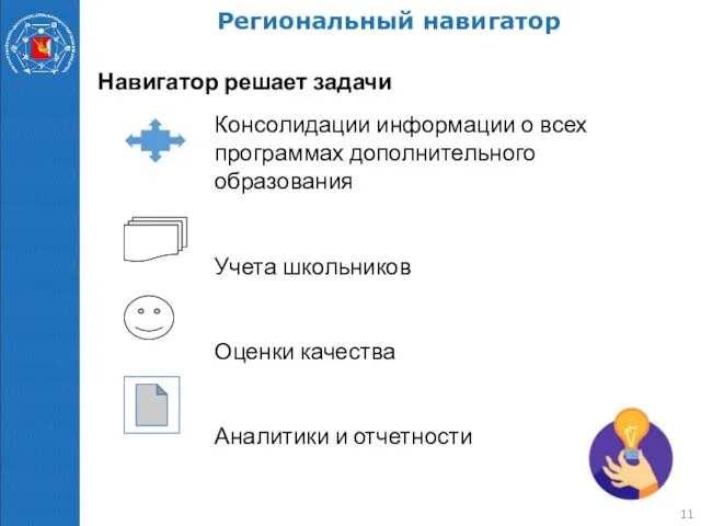 Региональный навигатор Навигатор решает задачи Консолидации информации о всех программах дополнительного