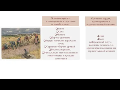 Основные орудия, используемыми в подсечно-огневой системе: Топор Соха Мотыга Борона-суковатка Заступ,