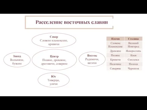 Север Словене ильменские, кривичи Центр Поляне, древляне, дреговичи, северяне Запад Волыняне,