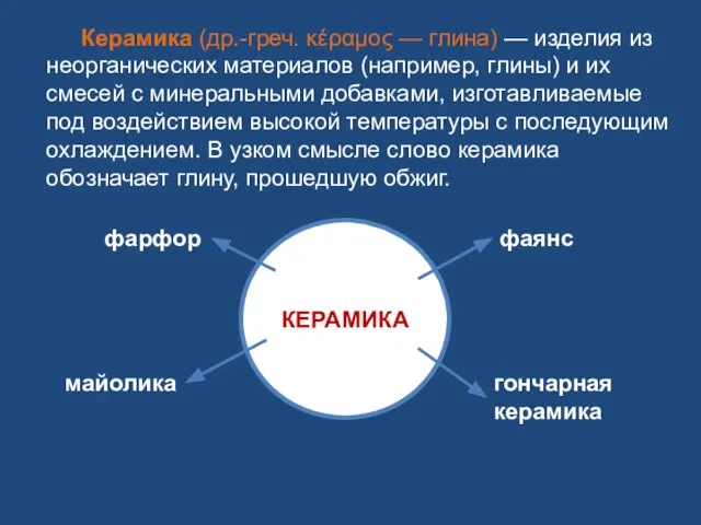 Керамика (др.-греч. κέραμος — глина) — изделия из неорганических материалов (например,