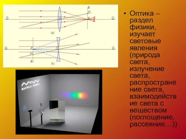 Оптика – раздел физики, изучает световые явления (природа света, излучение света,