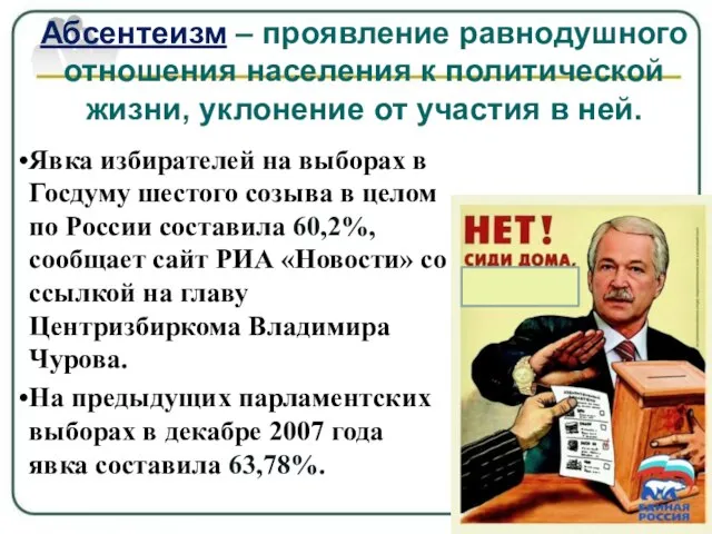 Абсентеизм – проявление равнодушного отношения населения к политической жизни, уклонение от