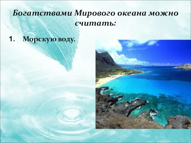 Богатствами Мирового океана можно считать: Морскую воду.