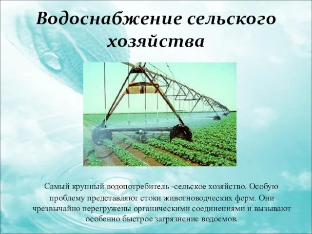 Водоснабжение сельского хозяйства Самый крупный водопотребитель -сельское хозяйство. Особую проблему представляют