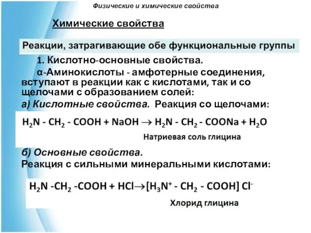 Физические и химические свойства Химические свойства 1. Кислотно-основные свойства. α-Аминокислоты -