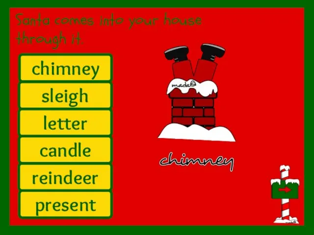 Santa comes into your house through it. sleigh present letter candle chimney reindeer